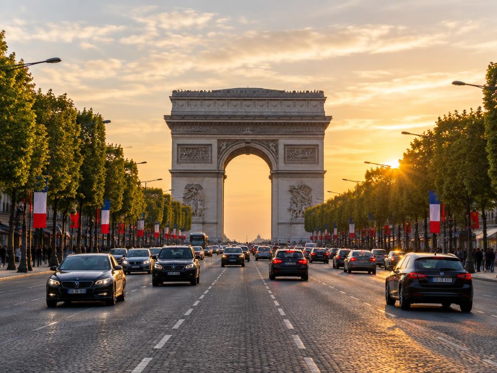 Arc de Triomphe at the head of the Champs-Élysées at sunset