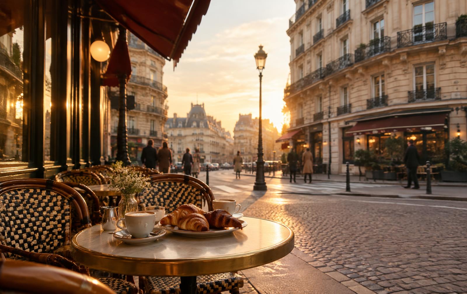 Parisian café terrace with coffee and croissants on a cobblestone corner at golden hour