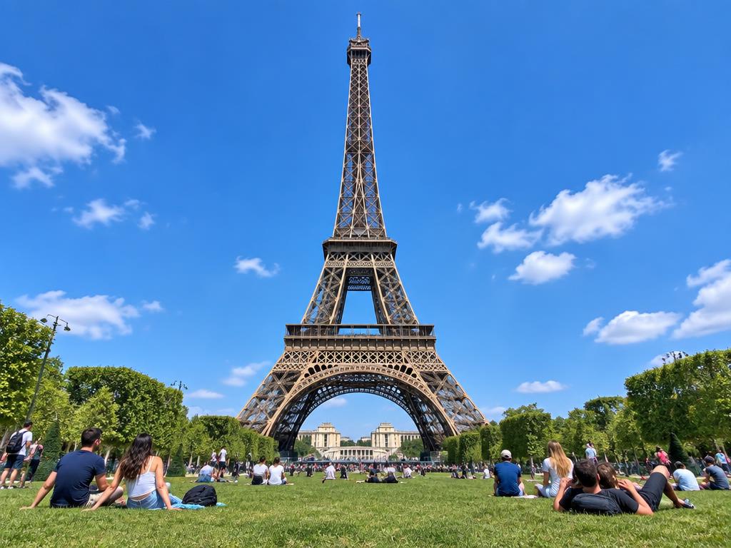 Eiffel Tower seen from the Champ de Mars lawns in Paris