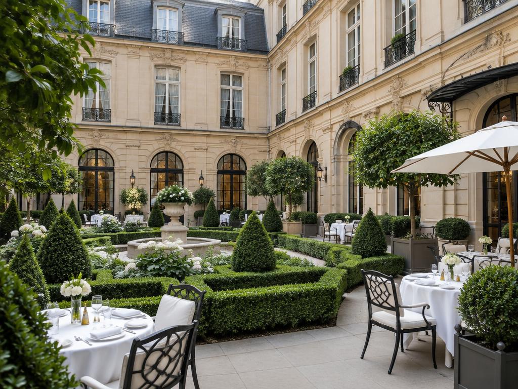 Representative Paris palace-hotel garden courtyard with terrace tables