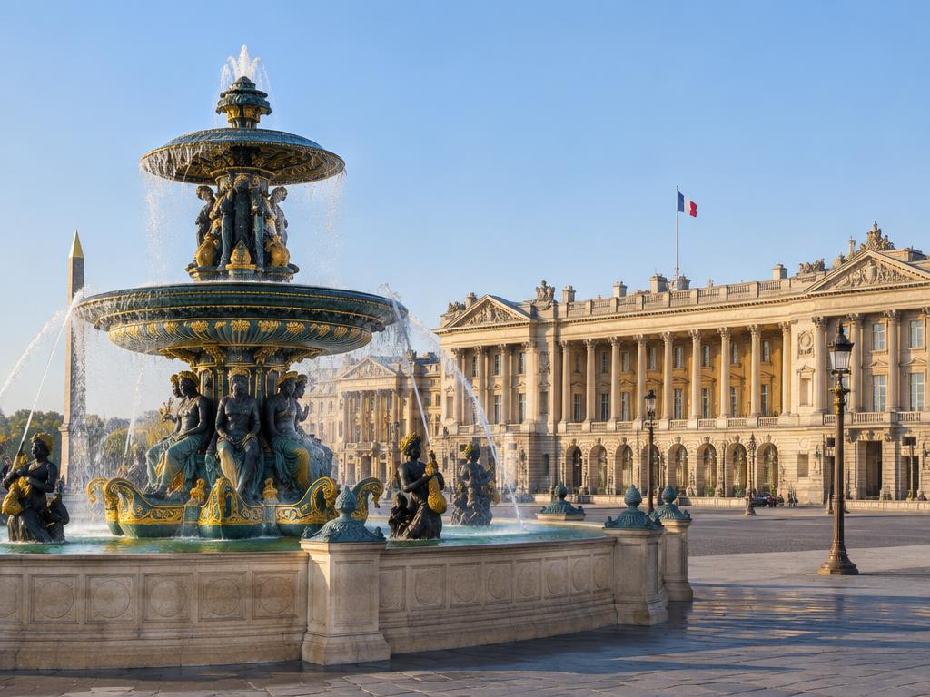 Place de la Concorde fountain and colonnaded palace facade in Paris