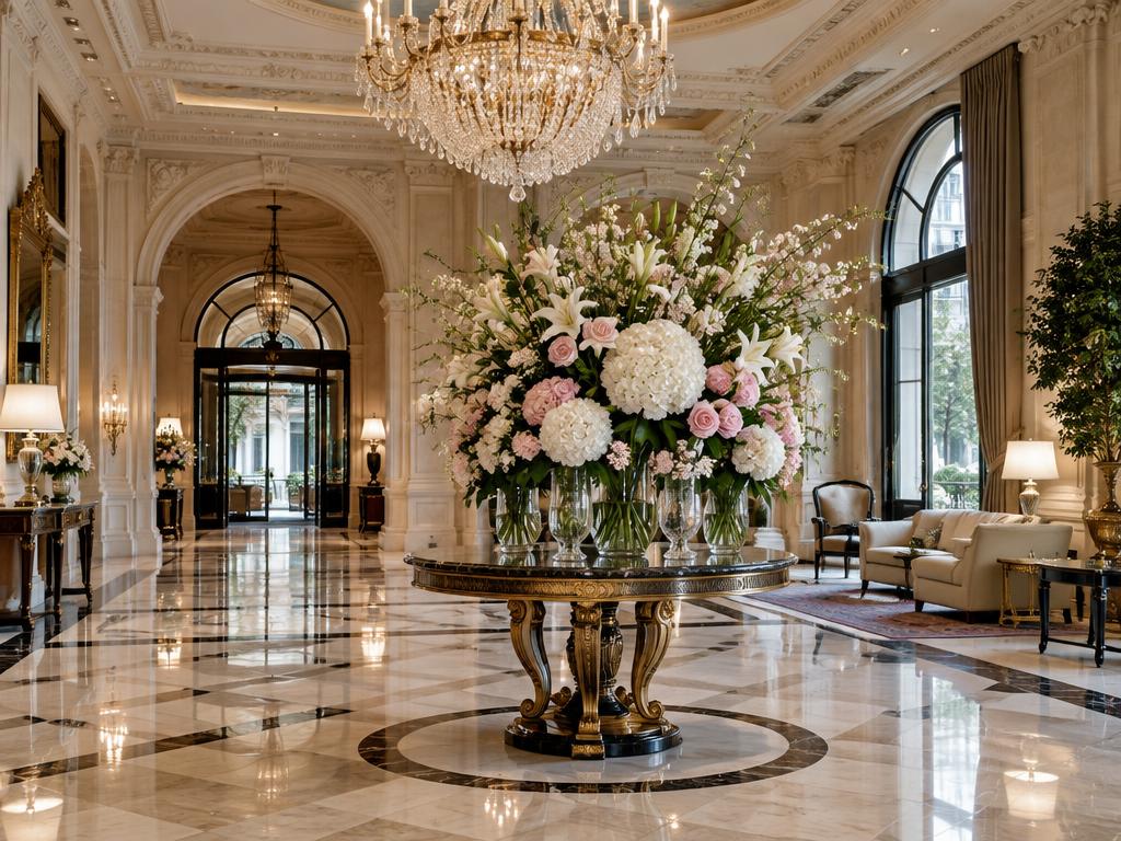 Representative grand Paris hotel lobby with flower arrangement and chandelier