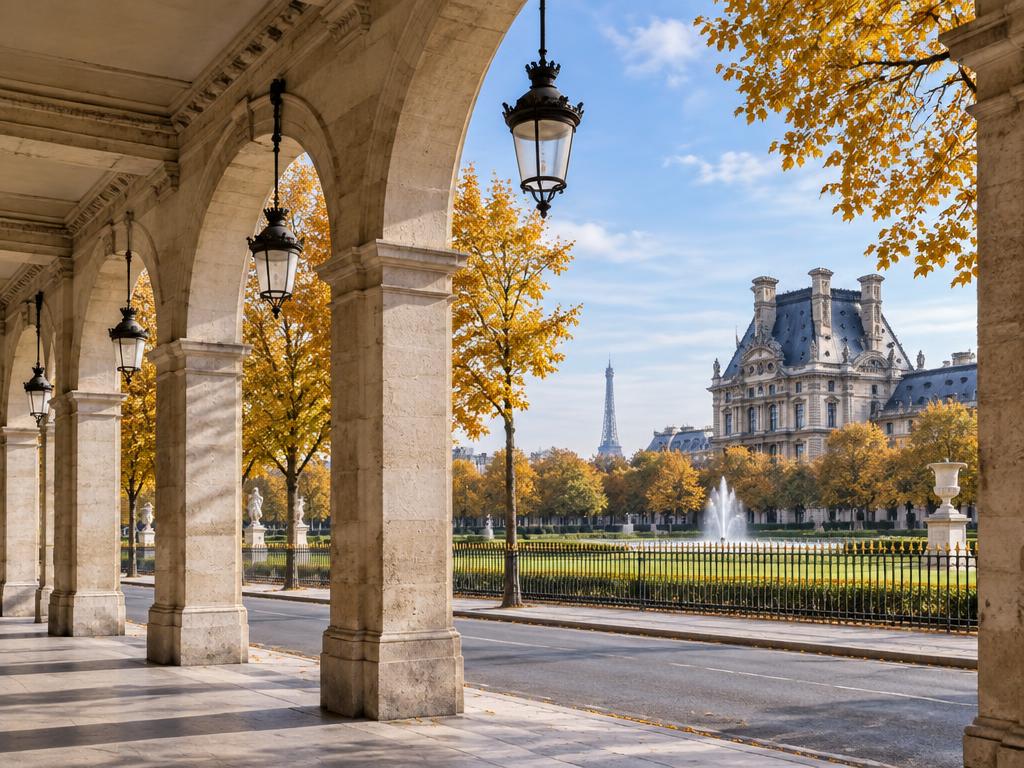 Rue de Rivoli arcades overlooking the Tuileries Garden with the Eiffel Tower in the distance, Paris