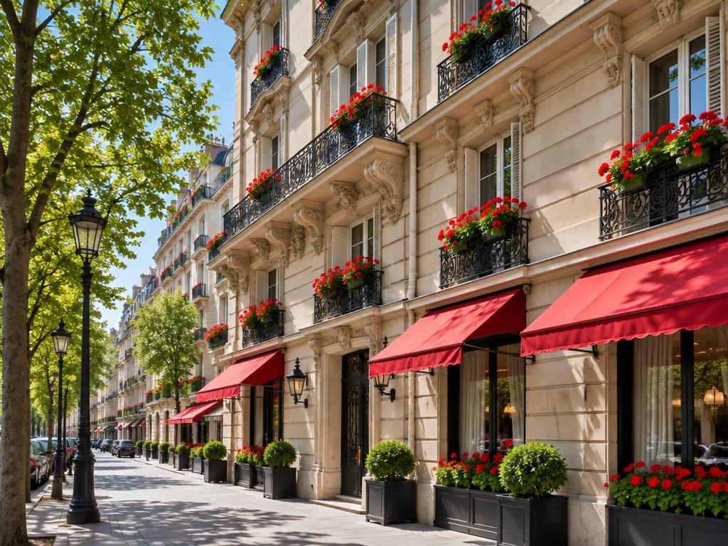 Representative Paris avenue facade with red awnings and geraniums