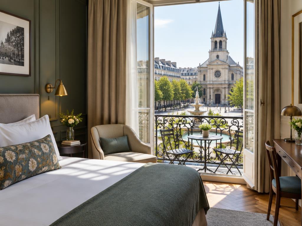 Representative Paris boutique hotel room with balcony over a church square