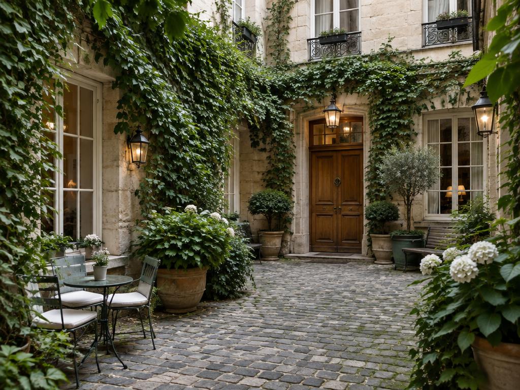 Representative ivy-covered boutique hotel courtyard in Saint-Germain, Paris