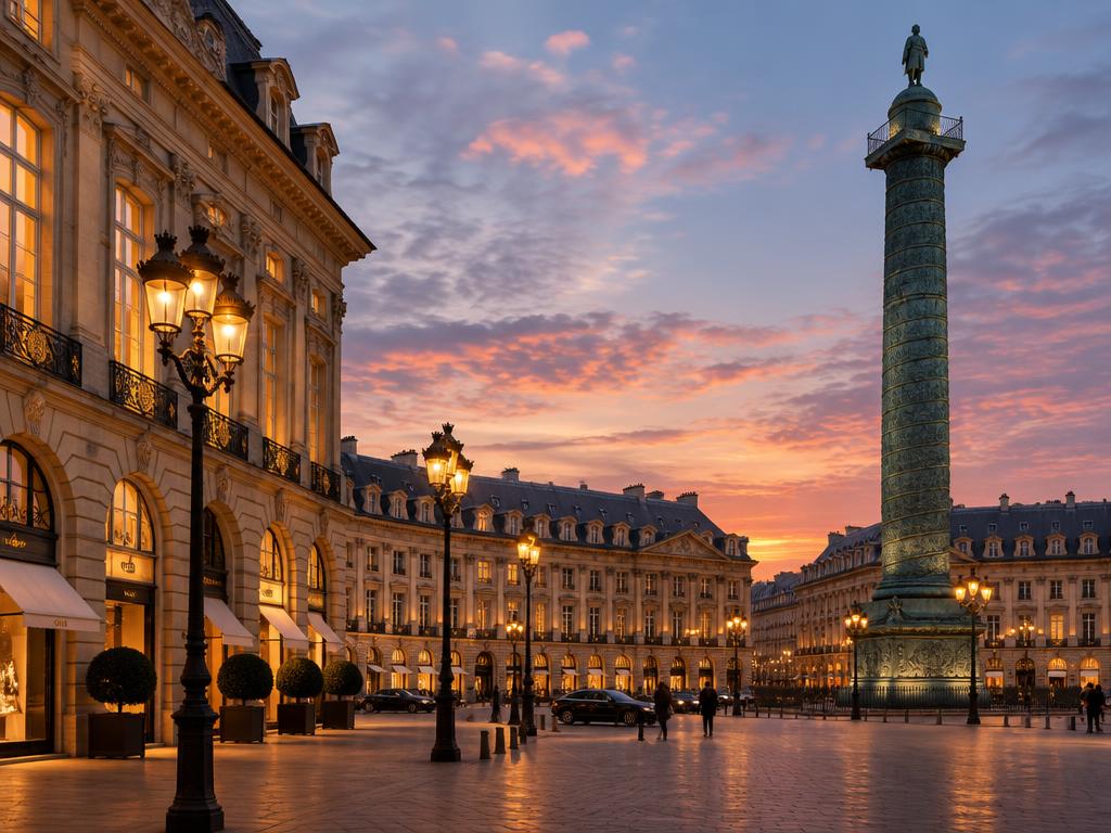 Evening view of an elegant Paris square lined with classic facades