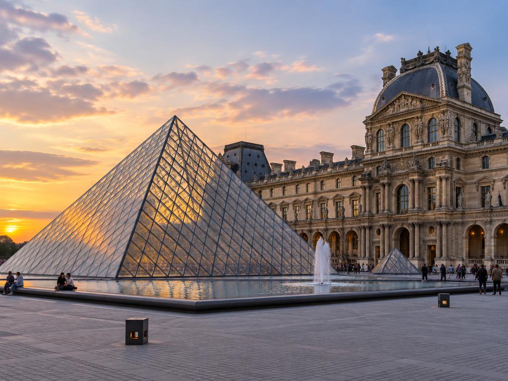 Louvre Museum glass pyramid and palace facade at sunset