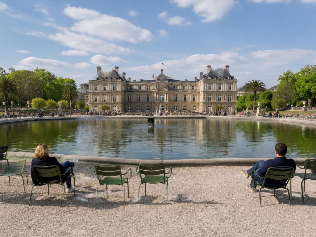 Green chairs around the main basin of the Luxembourg Gardens in Paris