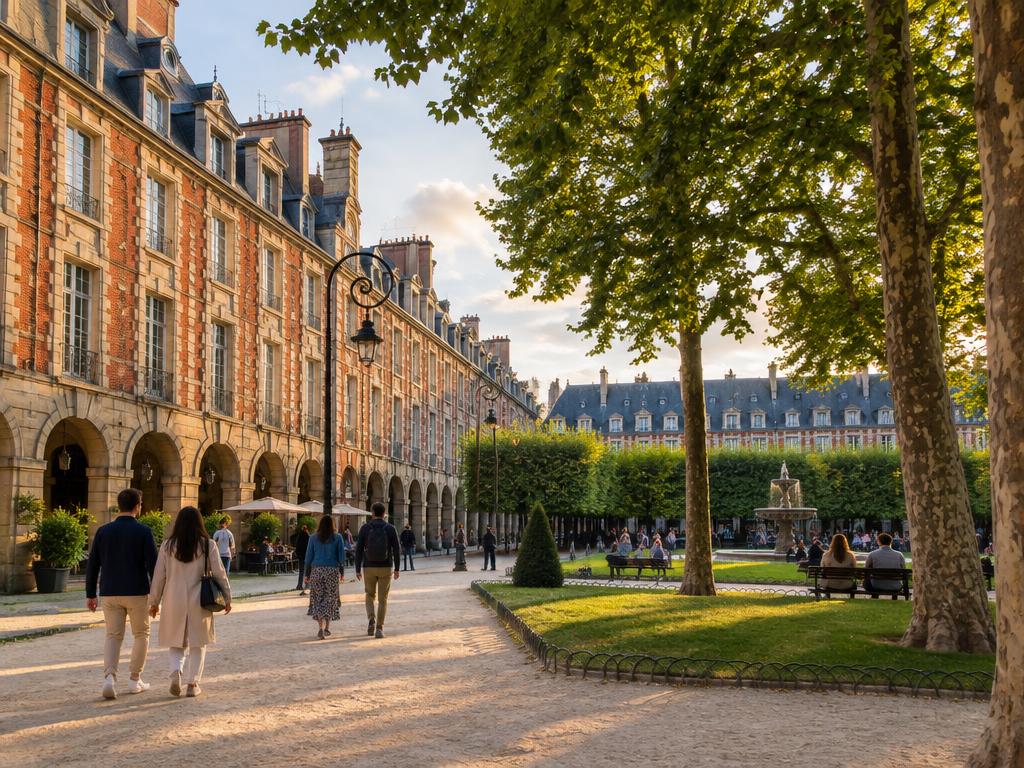 Red-brick arcaded townhouses around Place des Vosges in Le Marais, Paris