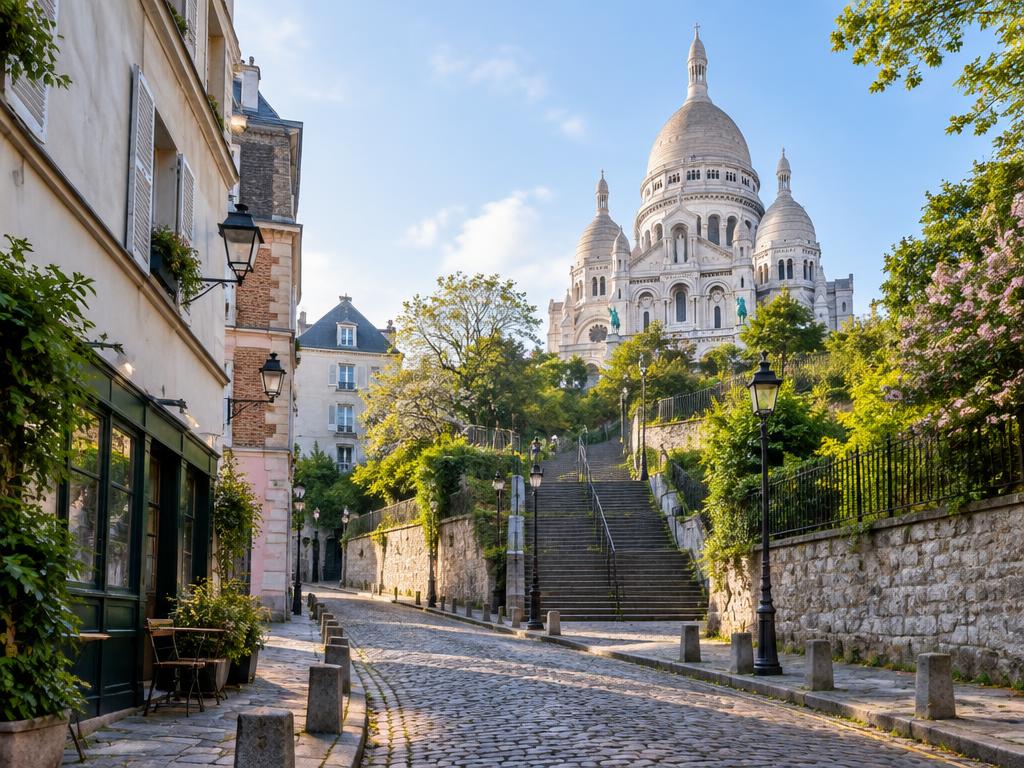 Cobblestone Montmartre street and steps leading up to Sacré-Cœur