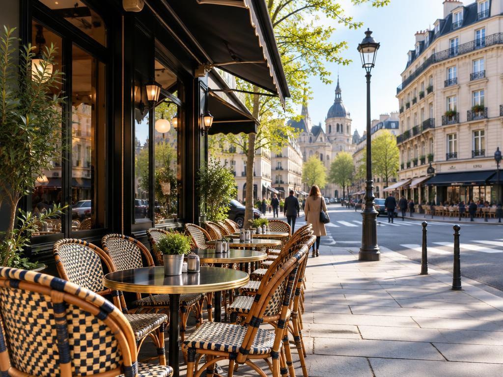 Classic café terrace on a Saint-Germain-des-Prés street in Paris