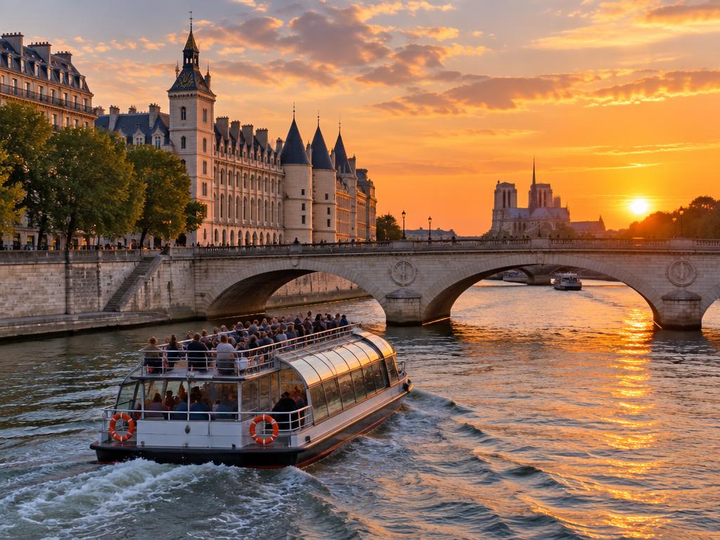 Sightseeing boat on the Seine passing the Conciergerie at sunset