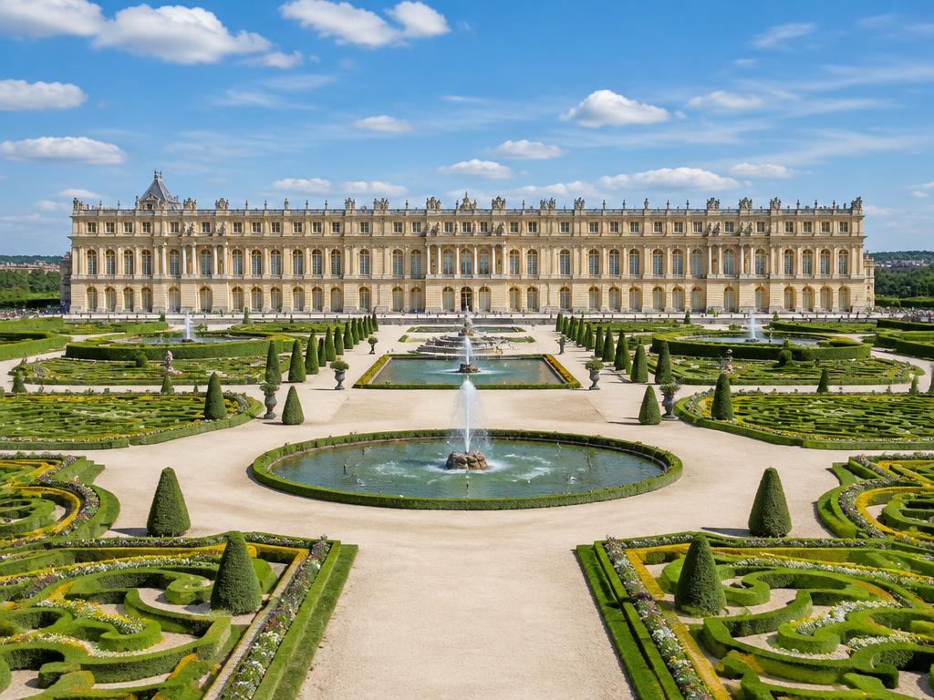 Palace of Versailles facade above its formal French gardens and fountains