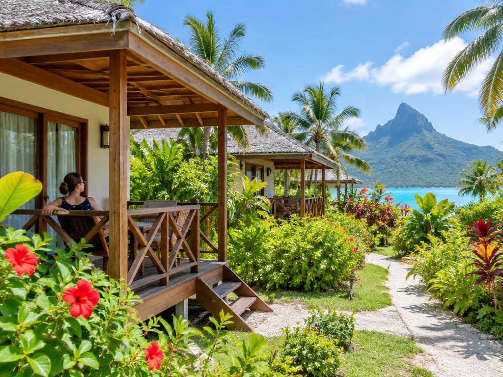 Affordable island lodge with wooden verandas surrounded by tropical greenery