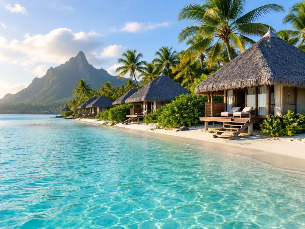 Intimate thatched beachfront bungalows steps from white sand and shallow turquoise water