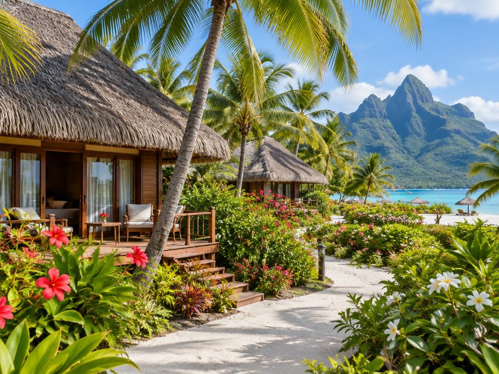 Garden bungalows among palms and tropical flowers a short walk from the beach