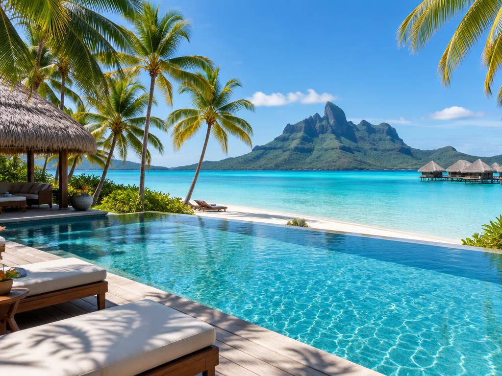 Quiet resort pool beside a sandy beach with palms and a lagoon view