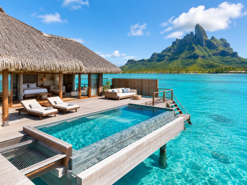 Spacious overwater villa with a private sun deck and plunge pool above a turquoise lagoon in Bora Bora