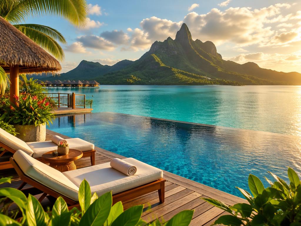 Resort infinity pool terrace with loungers overlooking a calm lagoon and green mountains at golden hour