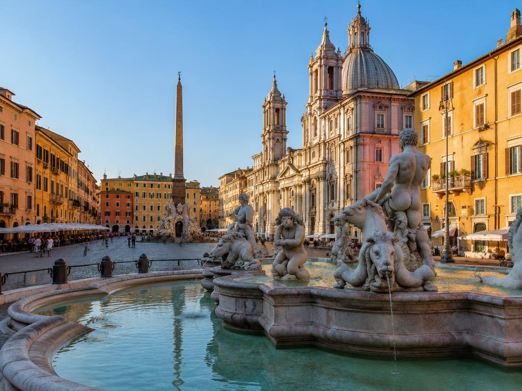 Piazza Navona fountain and baroque church in Rome's Centro Storico