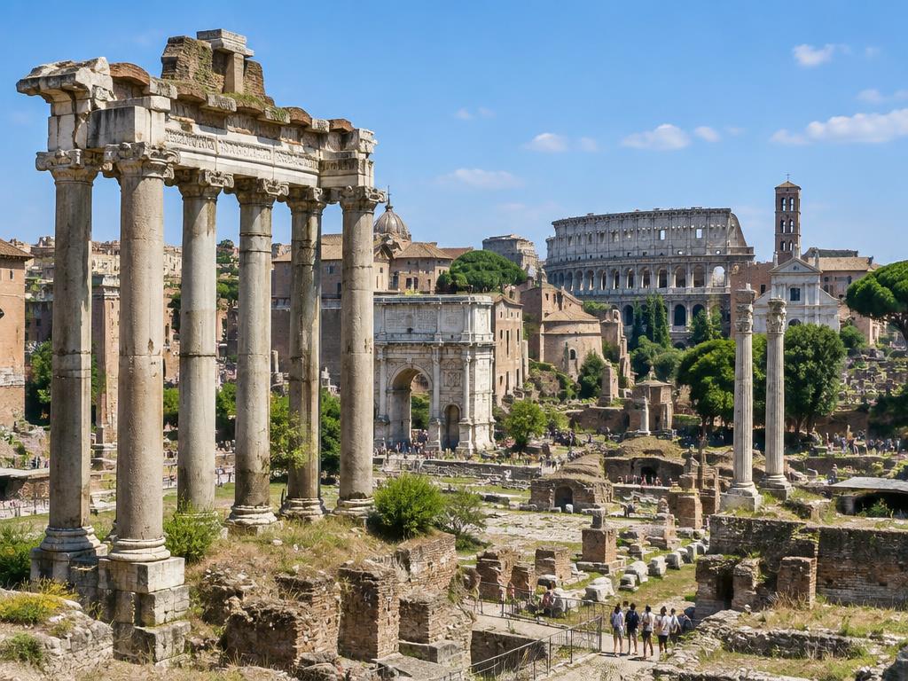 Roman Forum columns and arches with the Colosseum beyond