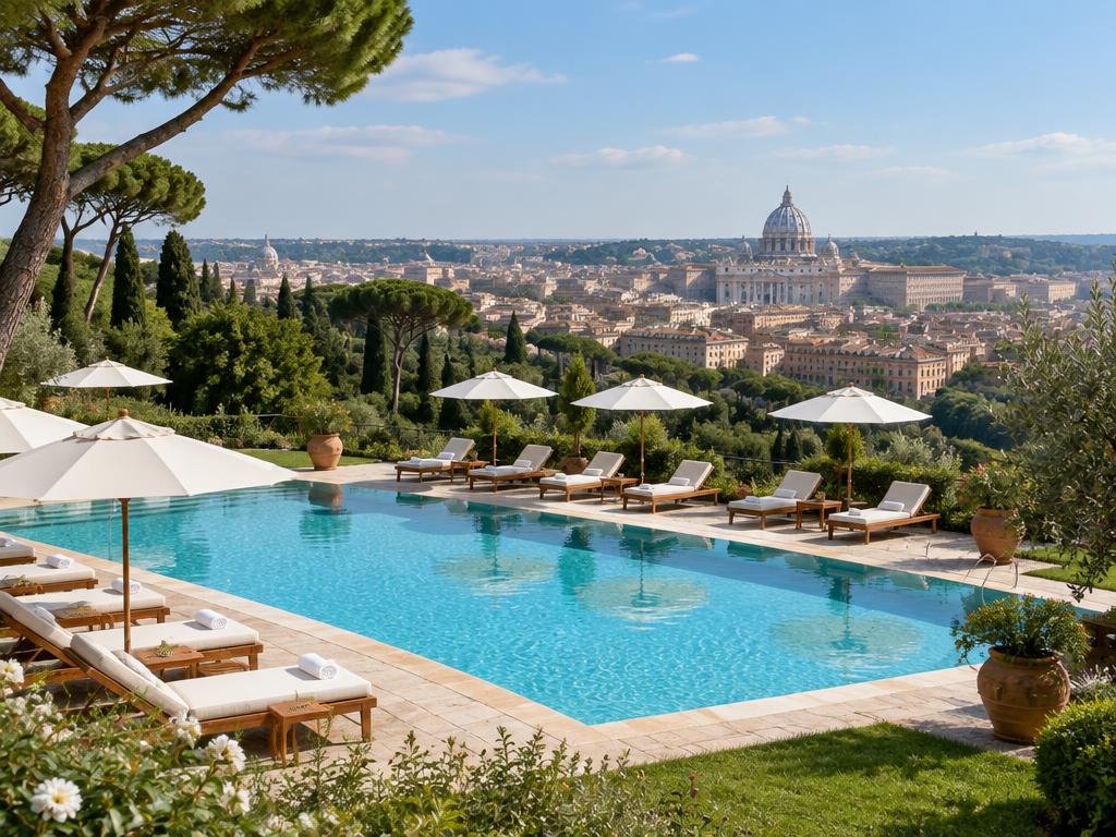 Hillside resort pool with sun loungers overlooking Rome and St. Peter's dome