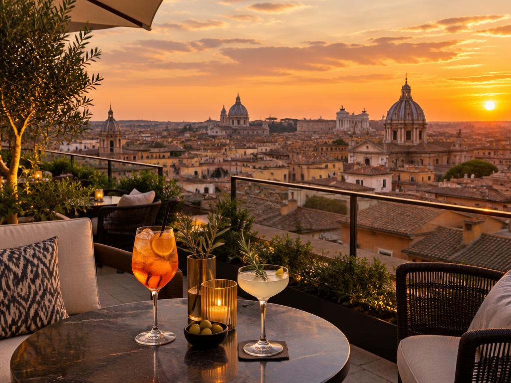 Rooftop terrace at sunset overlooking Rome's rooftops and church domes