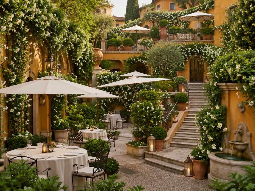 Terraced hotel garden courtyard in Rome with jasmine and outdoor dining tables