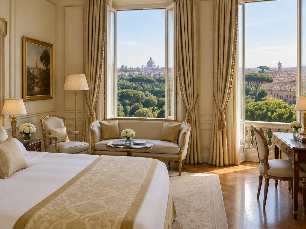 Classic hotel suite with tall windows looking over Villa Borghese's trees