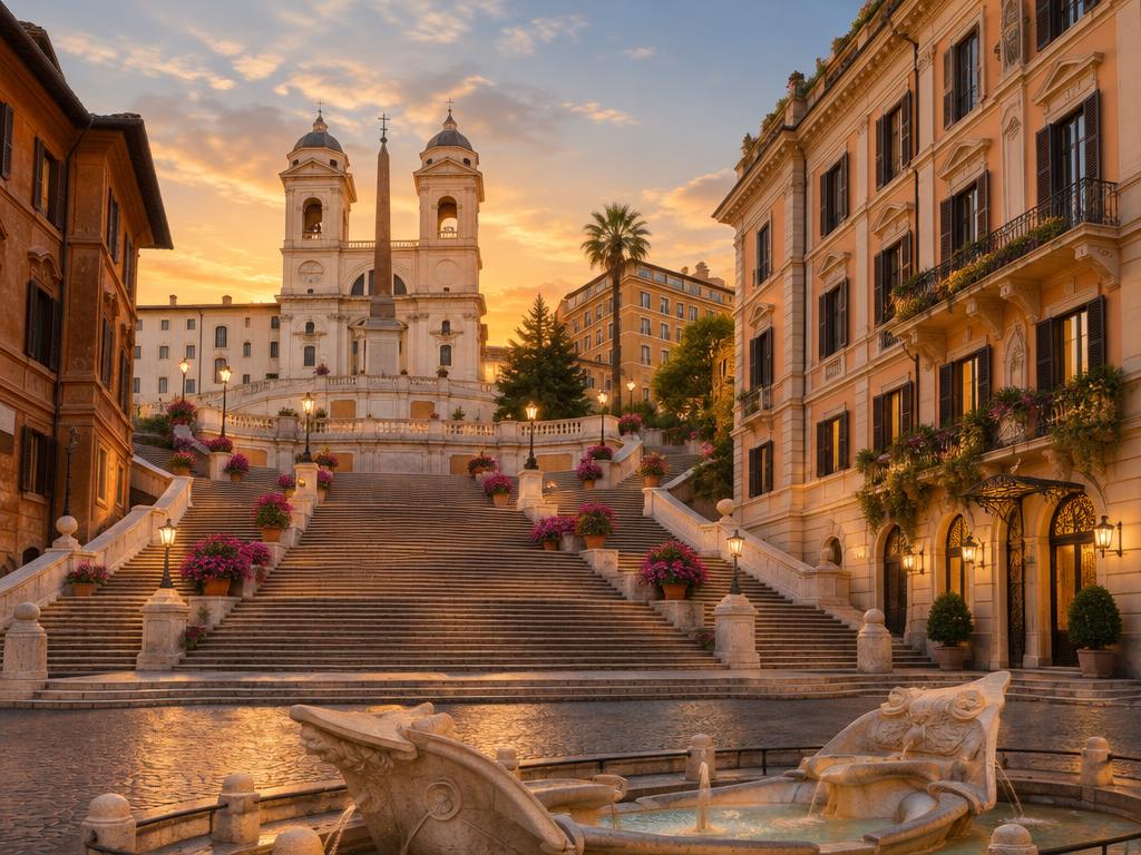 The Spanish Steps at golden hour with Trinità dei Monti and a historic hotel facade
