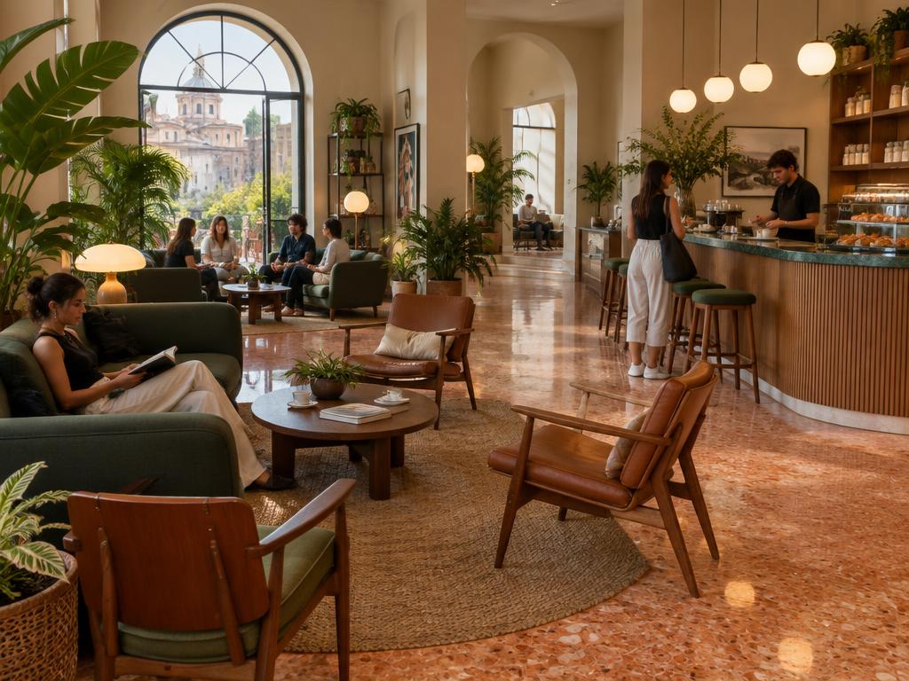 Contemporary hotel lobby lounge and coffee bar with terrazzo floors