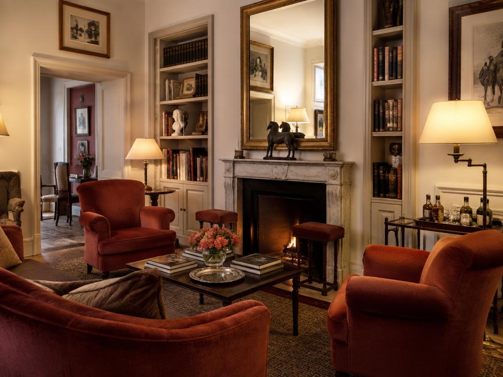 Intimate boutique hotel sitting room with velvet armchairs and a marble fireplace