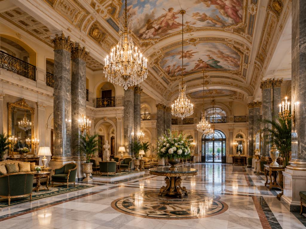 Grand hotel lobby with crystal chandeliers, frescoed ceiling and marble columns