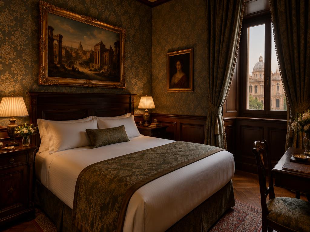 Small, warmly lit hotel bedroom in a Roman palazzo with damask walls