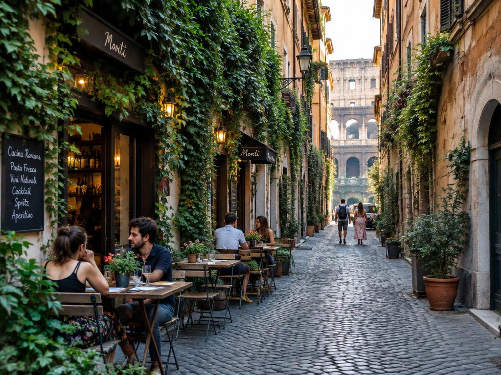 Ivy-covered cobblestone street with café tables in Rome's Monti neighborhood