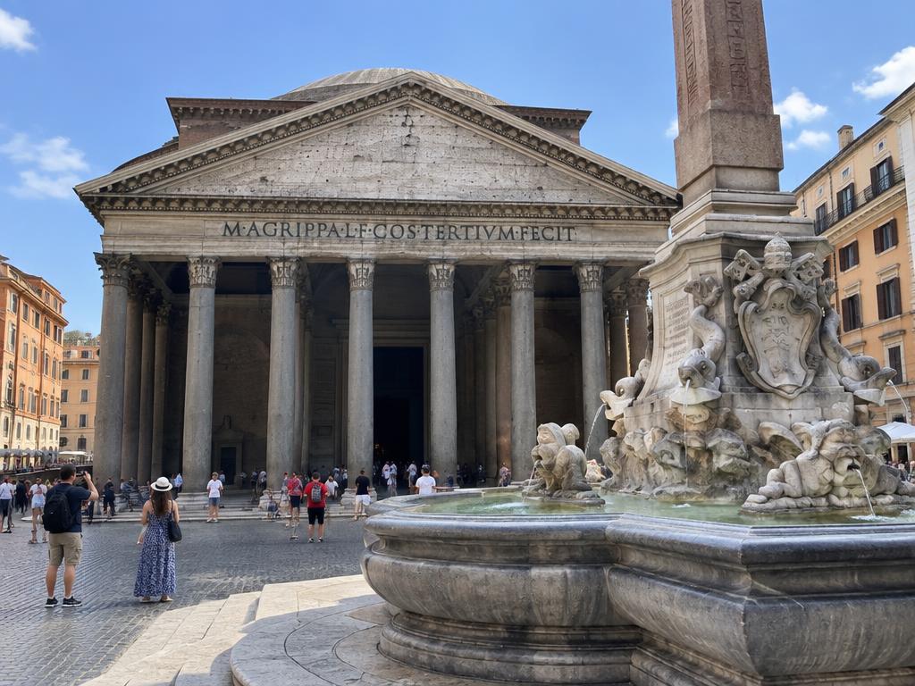 Pantheon portico and fountain on Piazza della Rotonda in Rome