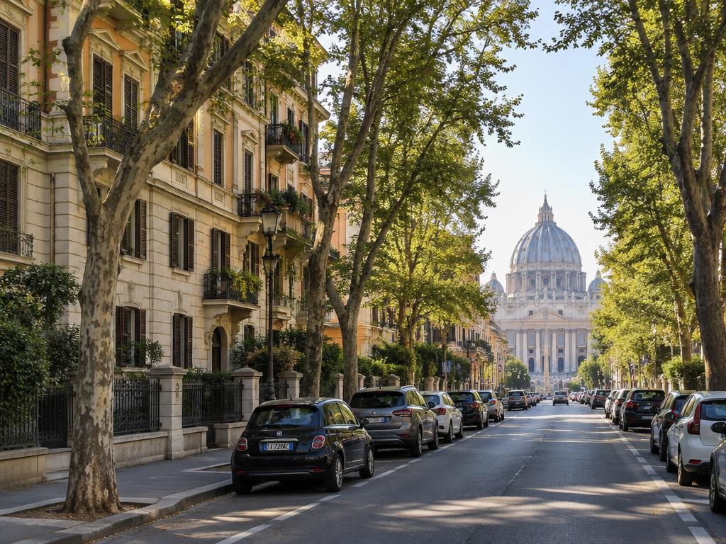 Tree-lined Prati boulevard with the dome of St. Peter's Basilica in the distance