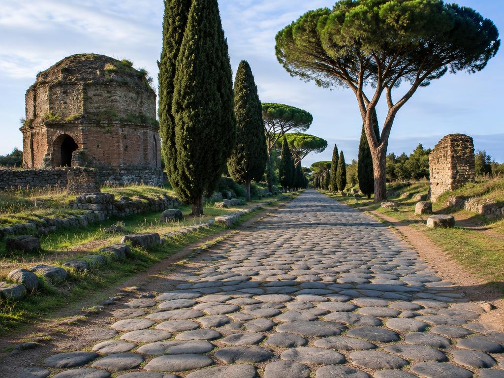 Ancient paving stones of the Appian Way lined with cypresses and ruined tombs