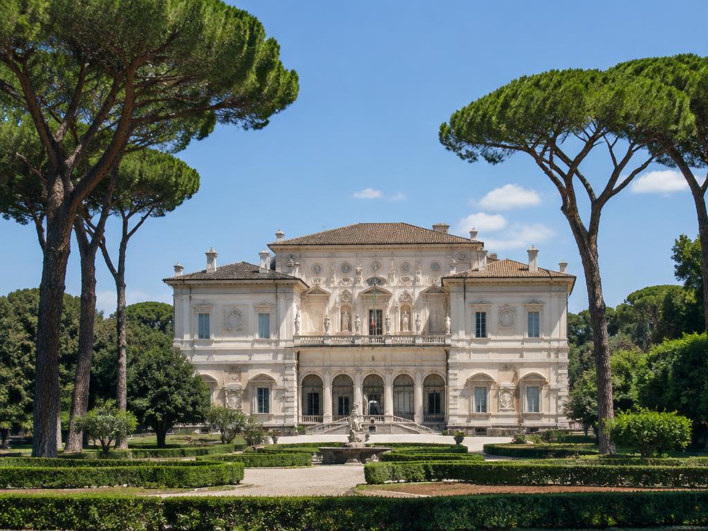 Galleria Borghese villa framed by umbrella pines in Villa Borghese park