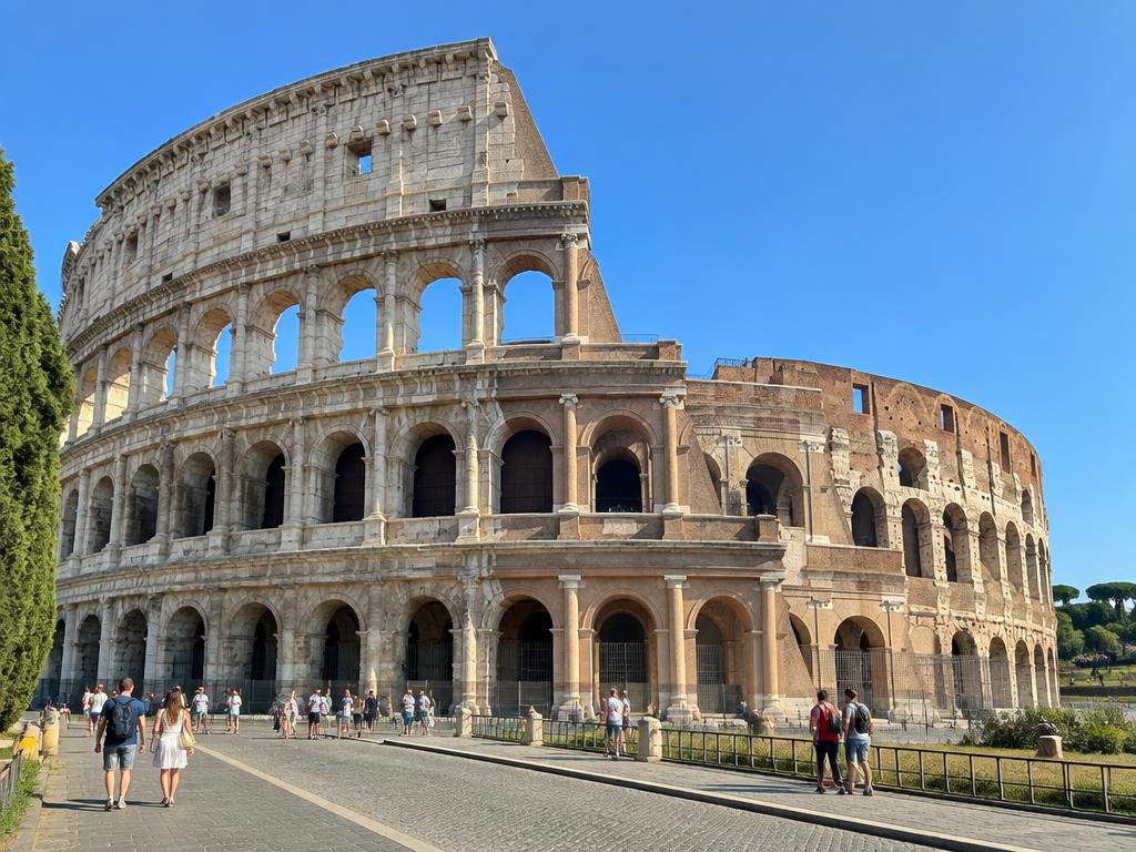 Colosseum's arched exterior in bright morning light