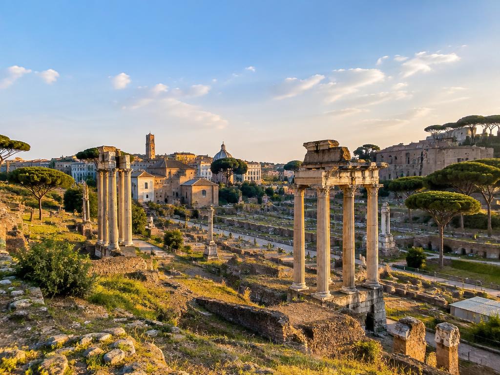 Roman Forum temple ruins seen from Palatine Hill at golden hour