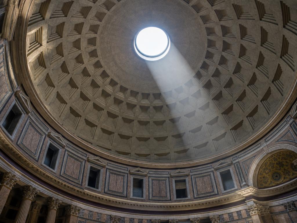 Coffered dome and oculus inside the Pantheon with a beam of sunlight