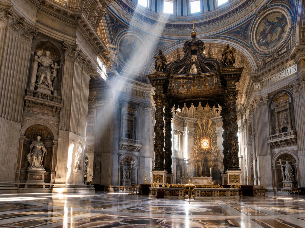 Bernini's bronze baldachin beneath the dome inside St. Peter's Basilica