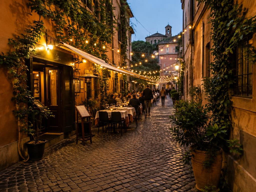 Ivy-covered Trastevere lane with string lights and trattoria tables at dusk