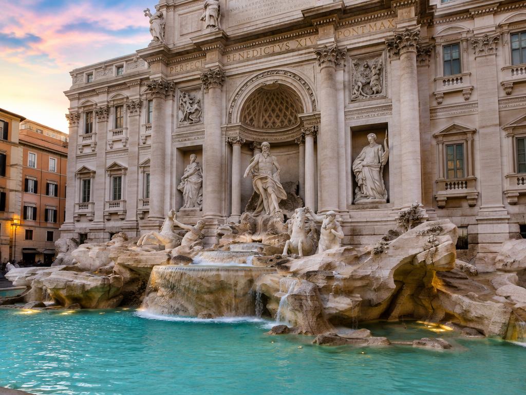 Trevi Fountain's baroque sculptures above turquoise water in Rome