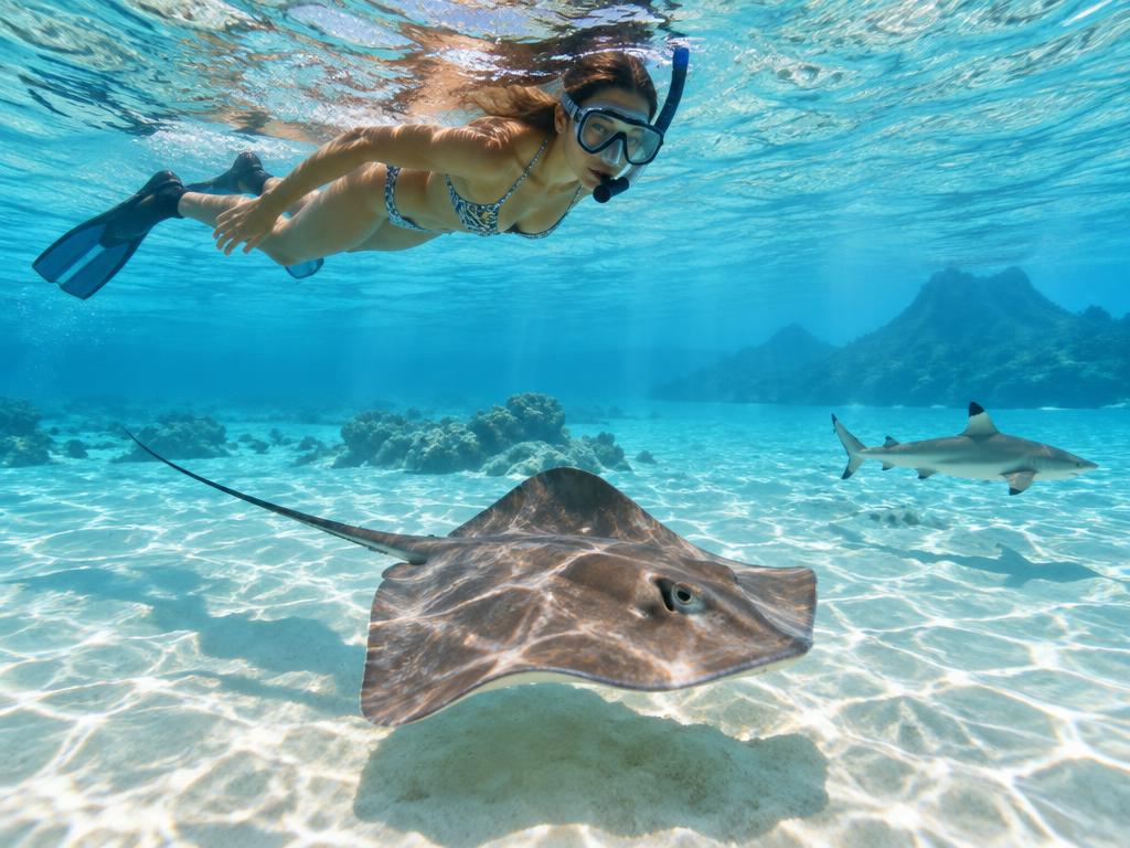 Snorkeler gliding above a graceful lagoon ray and a blacktip reef shark in Bora Bora's clear turquoise water