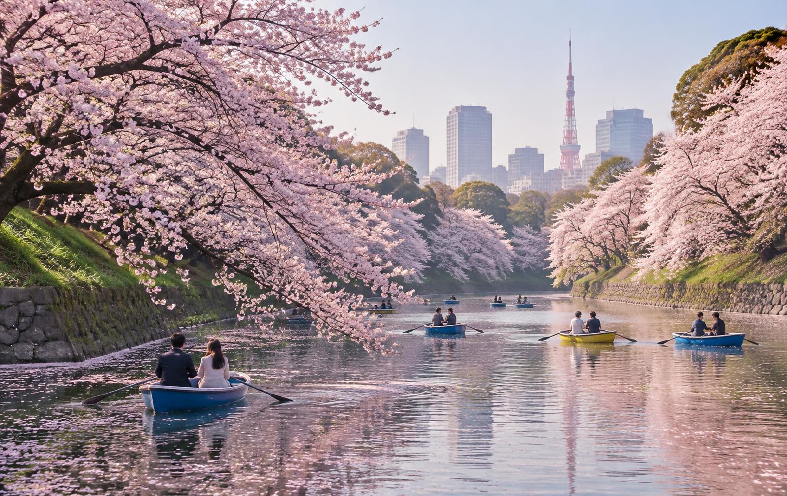Cherry blossoms in full bloom over the Chidorigafuchi moat with rowboats and Tokyo Tower beyond