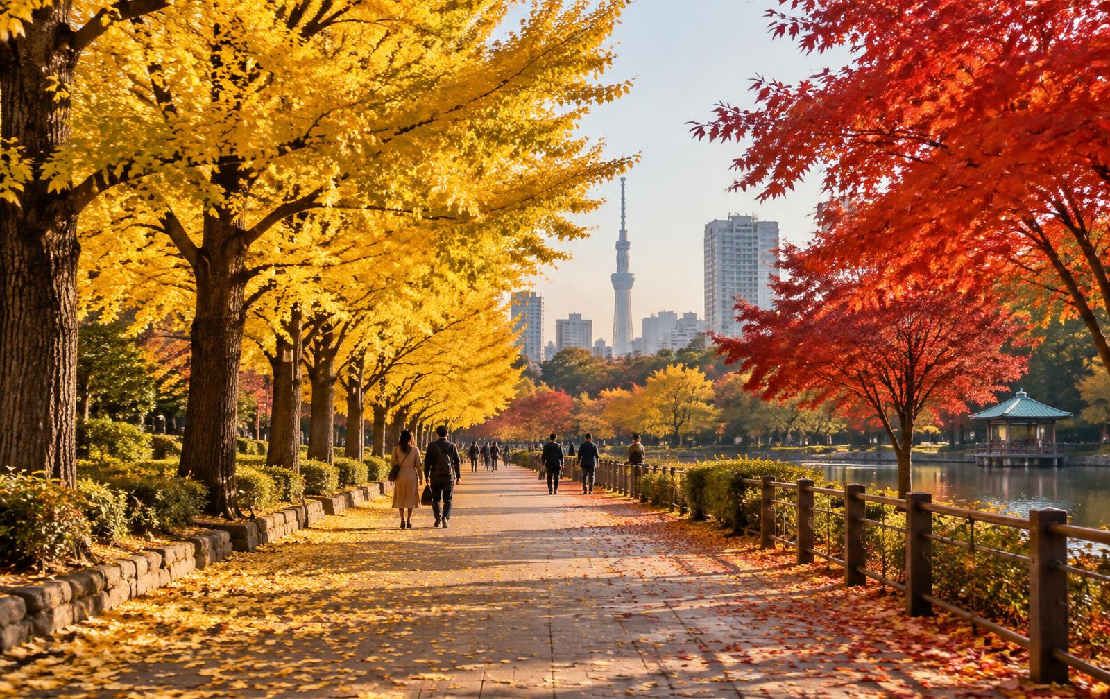 A Tokyo park path lined with golden ginkgo and red maple trees in autumn, Tokyo Skytree in the distance
