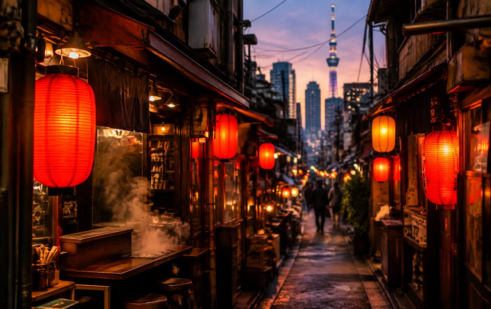 Lantern-lit izakaya alley at dusk with Tokyo Skytree in the distance